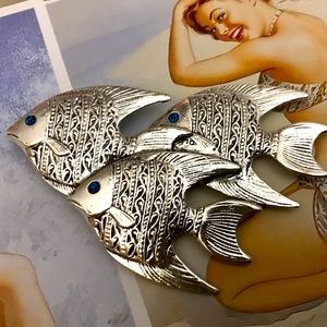 Silver fish brooch or pendant New 3 fish crystal eyes beautiful
